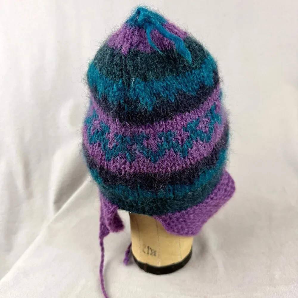 Vtg Mingma Enterprises Nepalese Hat Womens Purple Teal Beanie Boho Wool Earflaps